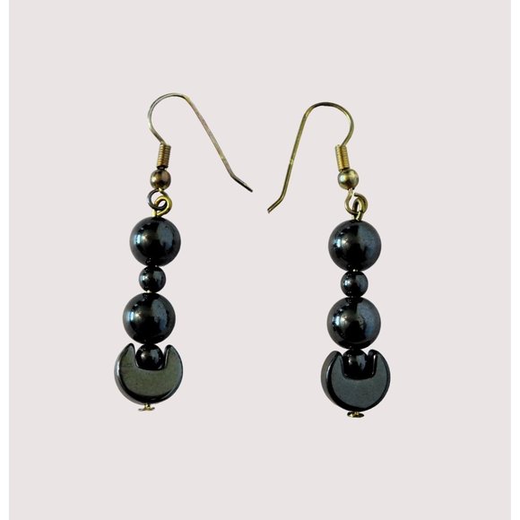 Hematite Set Beaded Necklace 30" Pierced Fishhook Earrings Black White Floral - Picture 9 of 12